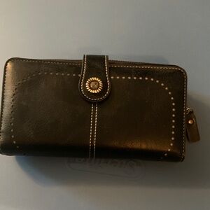 Black Leather Zip-Around Wallet with Stud Accent